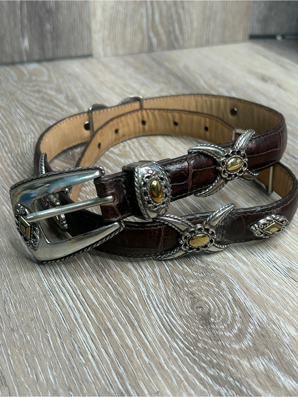 Brighton Brown Croc Embossed Leather Belt Silver Gold Two Tone Western Size 30